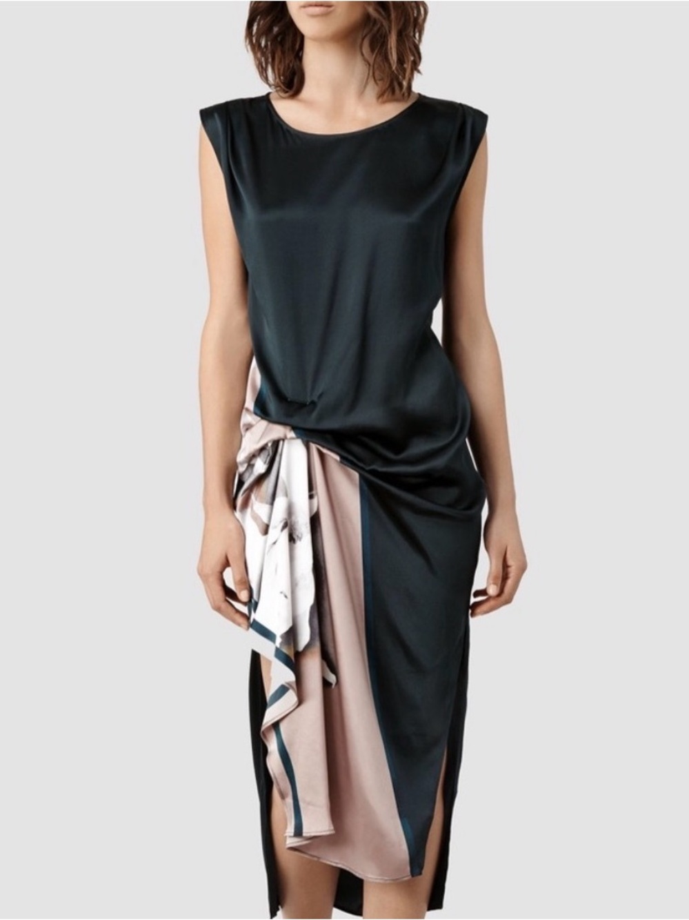 All Saints Black Midi Dress with Blush Draped Accent